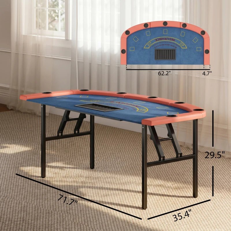 Soozier Poker Table Foldable, 72" Portable Casino Blackjack Table for 8 Players with Felt Surface, Cup Holders, Blue