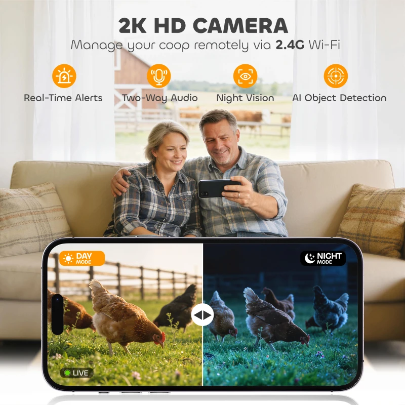 PawHut 2K HD AI Camera Automatic Chicken Coop Door with APP, WiFi Solar Powered with 5200 mAh Large Battery, Alarm Driver