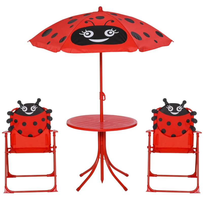 Outsunny Children Table and Chair Set Outdoor, Kids Folding Picnic Table and Chair Set with Removable & Height Adjustable Sun Umbrella for Garden Backyard, Ladybug Pattern, Red