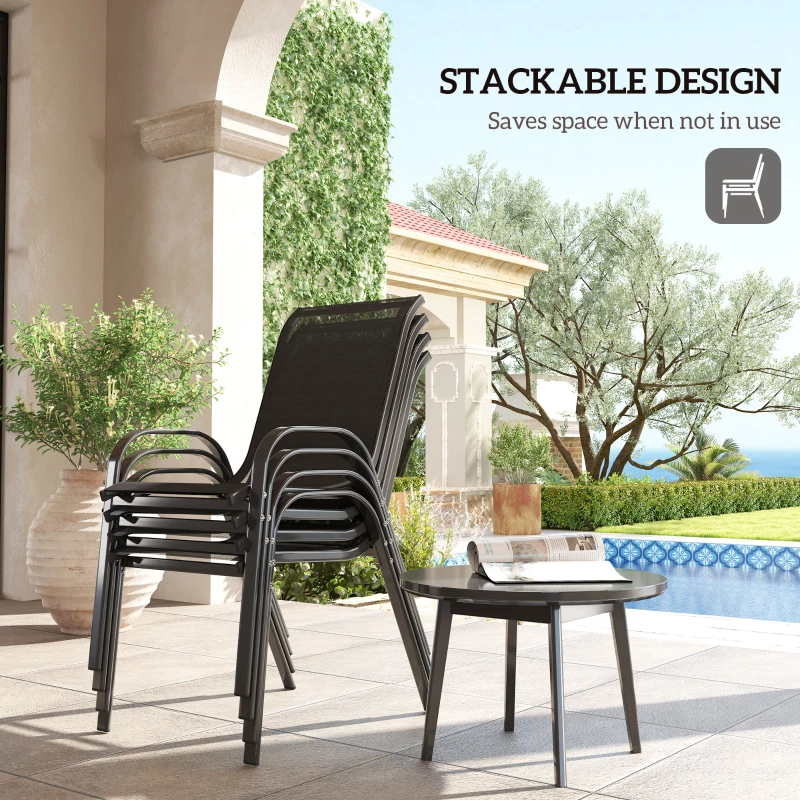 Outsunny Set of 4 Outdoor Dining Chairs, Stackable Lawn Chairs with High Back, Breathable Mesh Seat for Garden Porch, Black