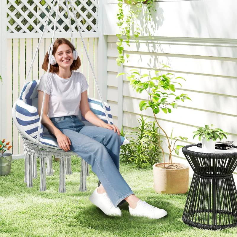 Outsunny Hammock Swing Chair, Macrame Hanging Chair with Large Cushion, Chain, Steel Frame for Indoor Outdoor Use, Blue and White