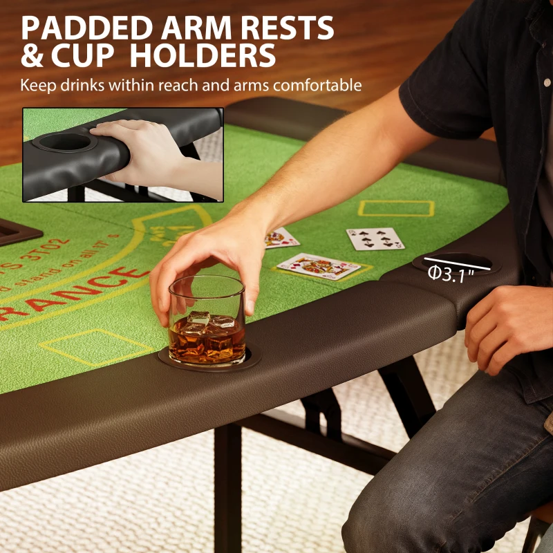 Soozier Poker Table Foldable, 72" Portable Casino Blackjack Table for 8 Players with Felt Surface, Cup Holders, Green