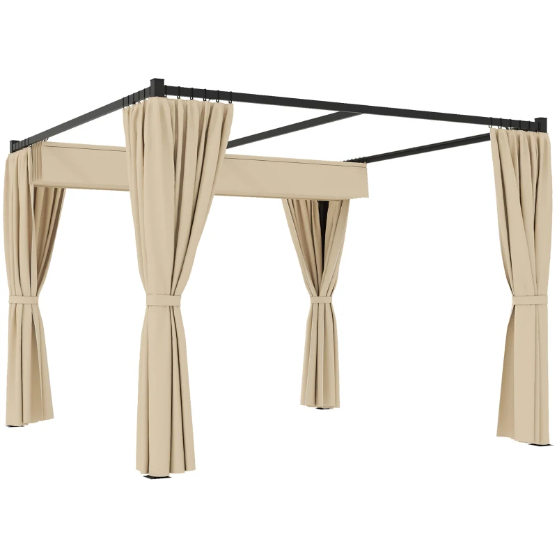 Outsunny 10' x 10' Retractable Pergola Canopy with Sidewalls, Metal Outdoor Gazebo Sun Shade Shelter, Beige