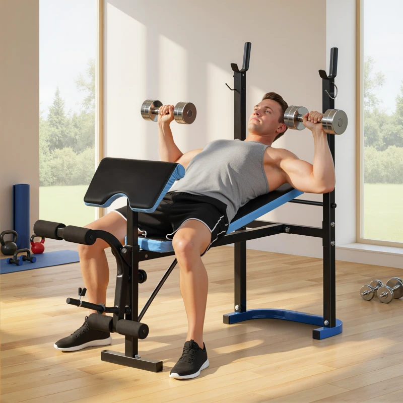 Soozier Adjustable Weight Bench with Barbell Rack and Leg Developer for Weight Lifting and Strength Training Multifunctional Workout Station for Home Gym Fitness, Black