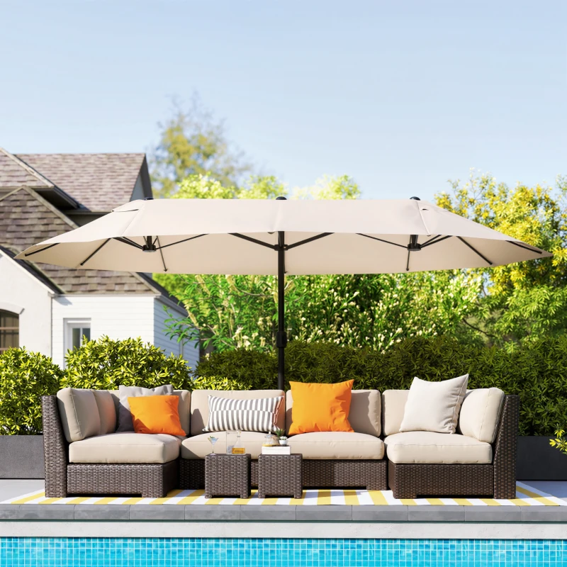 Outsunny 15' Outdoor Patio Umbrella with Twin Canopy Sunshade Steel Table Umbrella with Lift Crank Beige