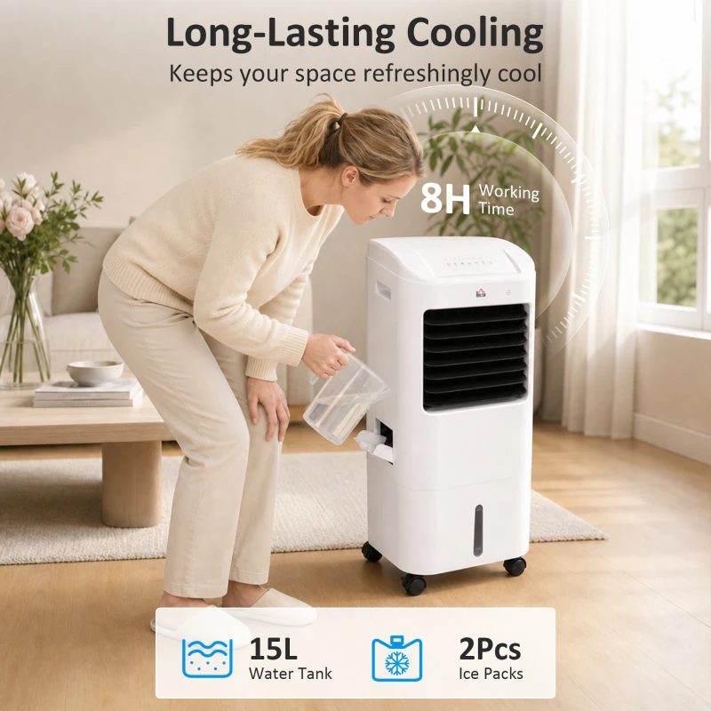 HOMCOM Cooling Fan for Bedroom with Ice Pack, Tower Fan with Remote Control, 3 Modes, 3 Speeds, 7.5H Timer, White