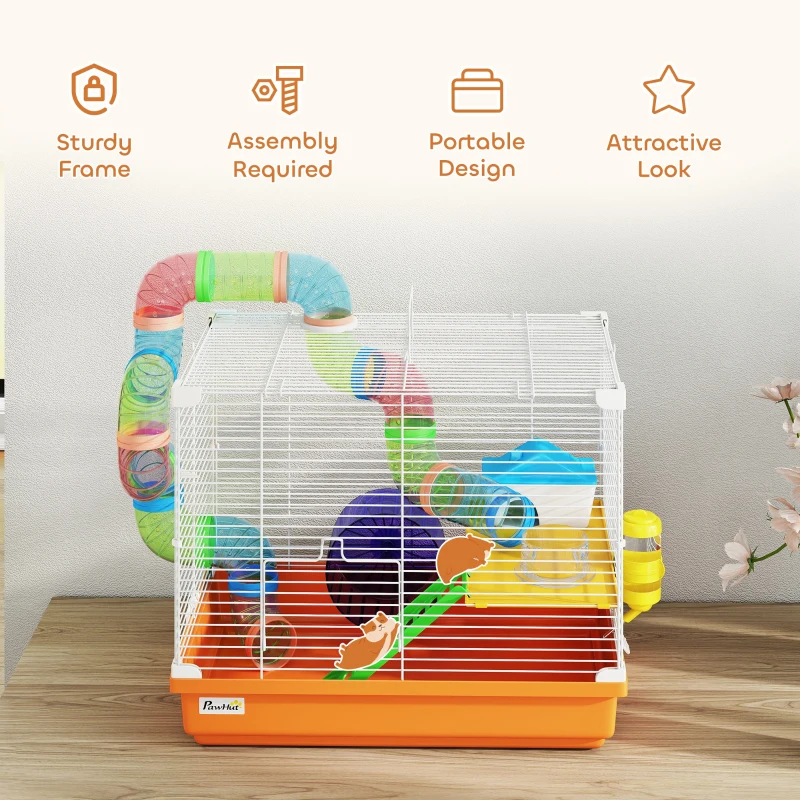 PawHut 18"L Hamster Cage, Small Animal House, 2-Level Rat Gerbil Haven with Tunnel Tube System, Orange