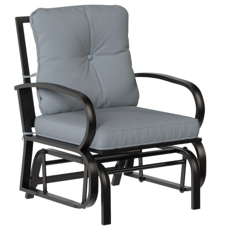 Outsunny Patio Glider, Outdoor Glider Chair with Cushions, Steel Frame, Curved Armrests, Light Grey