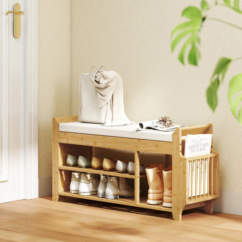 HOMCOM Shoe Bench with Cushioned Seat Shoe Storage Bench with Side Umbrella Holder for Entryway Natural and Cream