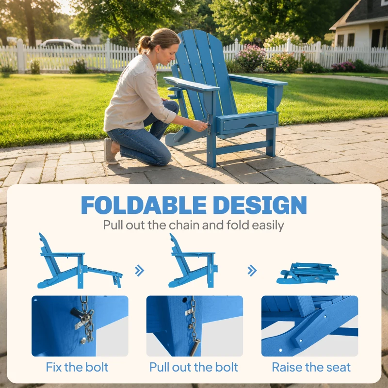 Outsunny Folding Adirondack Chair Set of 2, HDPE Fire Pit Chair with Retractable Ottoman and Cup Holder, Blue