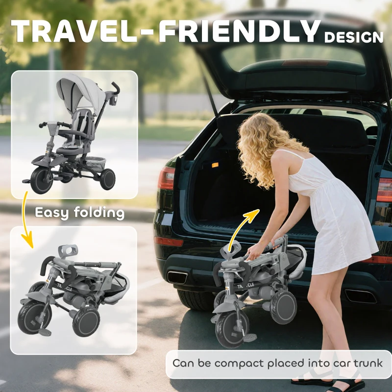 Qaba 6 in 1 Kids Tricycle with Adjustable Push Handle, Removable Canopy, Reversible Seat, for 1-5 Years, Gray