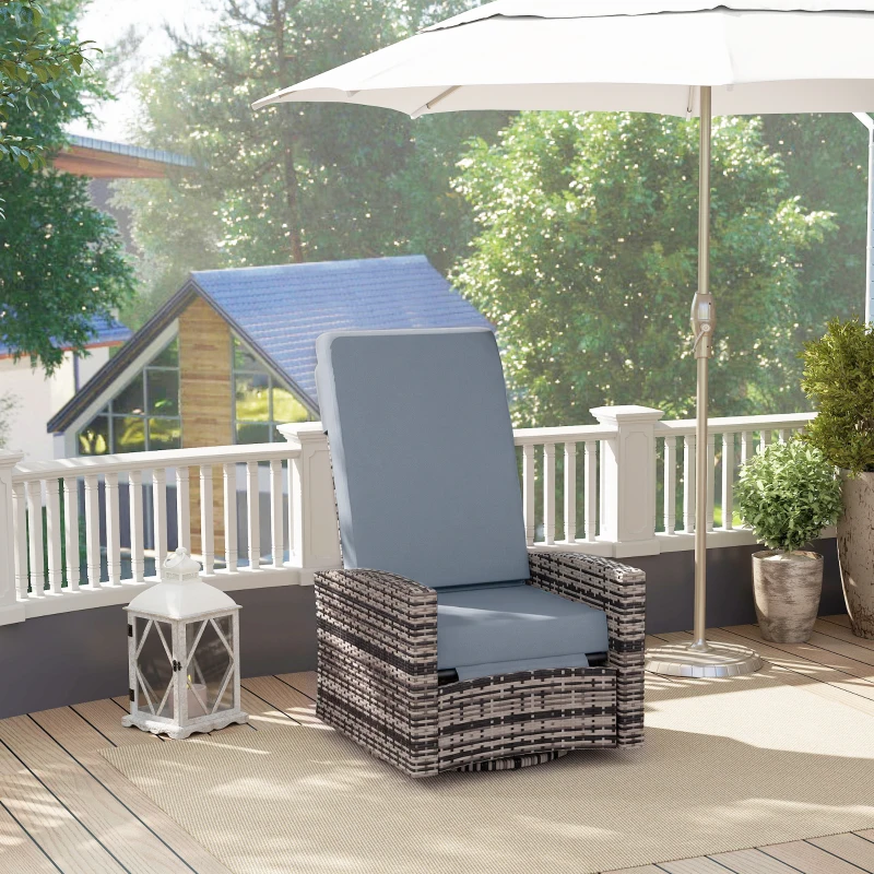 Outsunny Outdoor Wicker Swivel Recliner Chair, Lifting Footrest, 360° Rotating Basic, Water-resistant Cushions, Gray