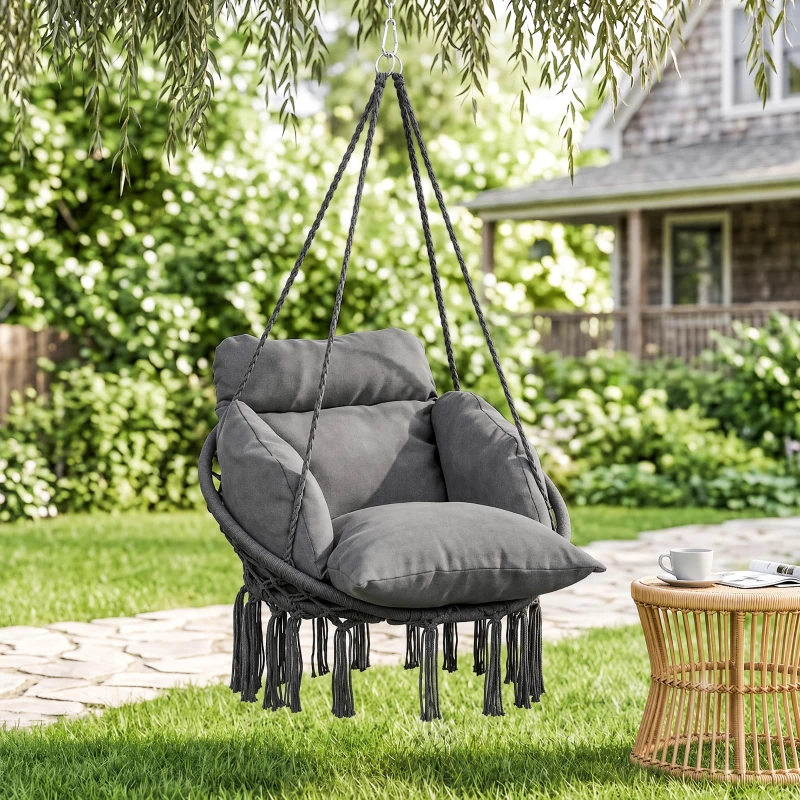 Outsunny Hammock Swing Chair, Macrame Hanging Chair with Large Cushion, Chain, Steel Frame for Indoor Outdoor Use, Dark Gray
