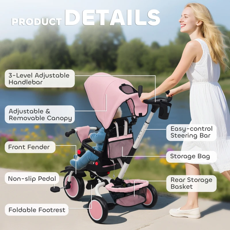 Qaba 6 in 1 Kids Tricycle with Adjustable Push Handle, Removable Canopy, Reversible Seat, for 1-5 Years, Pink