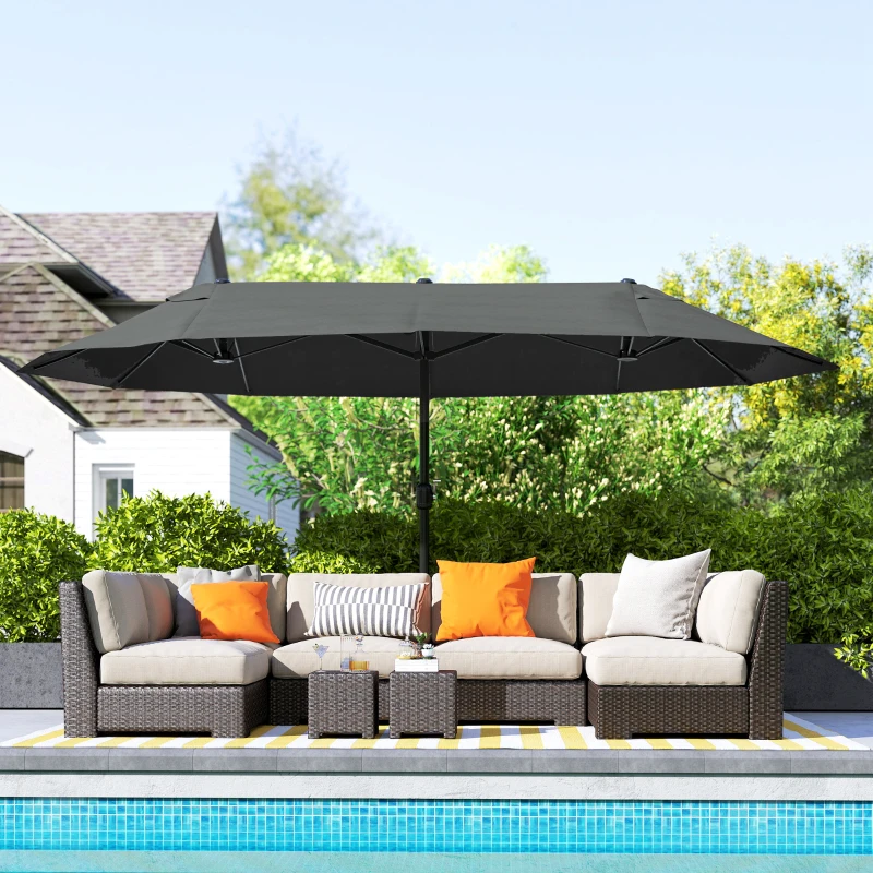 Outsunny Extra Large 15 ft Patio Umbrella, Double-Sided Wide Outdoor Umbrella with Crank Handle and Air Vents for Backyard, Deck, Pool, Market, Gray