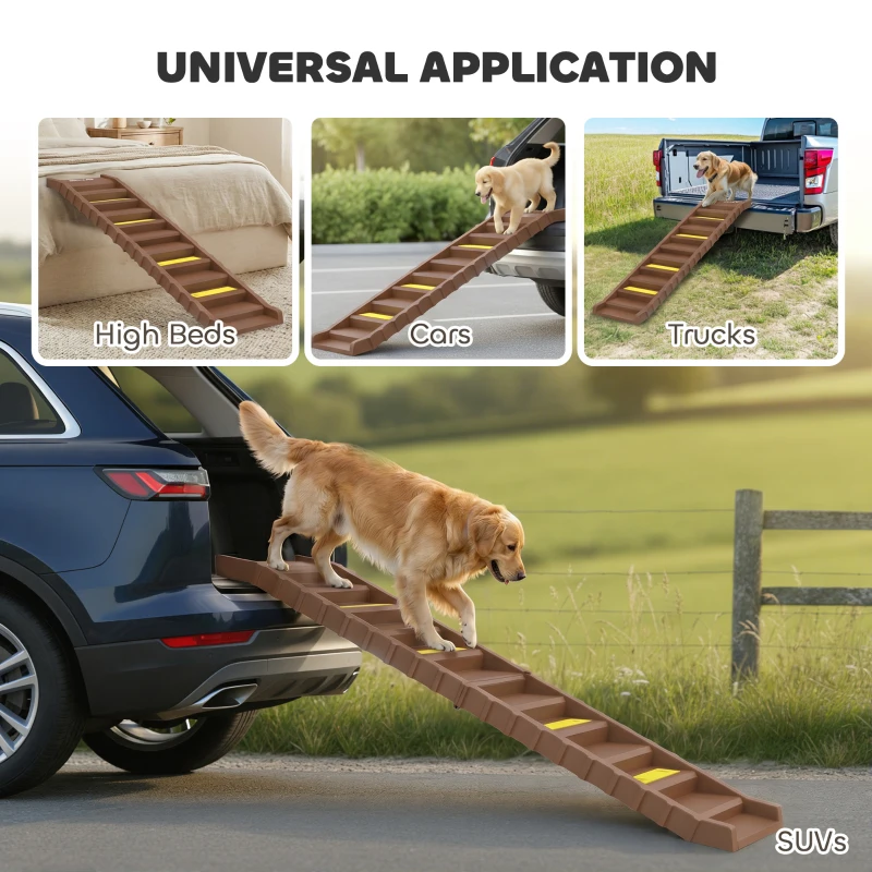 PawHut Foldable Dog Car Ramp, Dog Ramp with Anti-Slip Steps, Pet Stairs for Senior Pets to Access Cars and High Beds, Brown