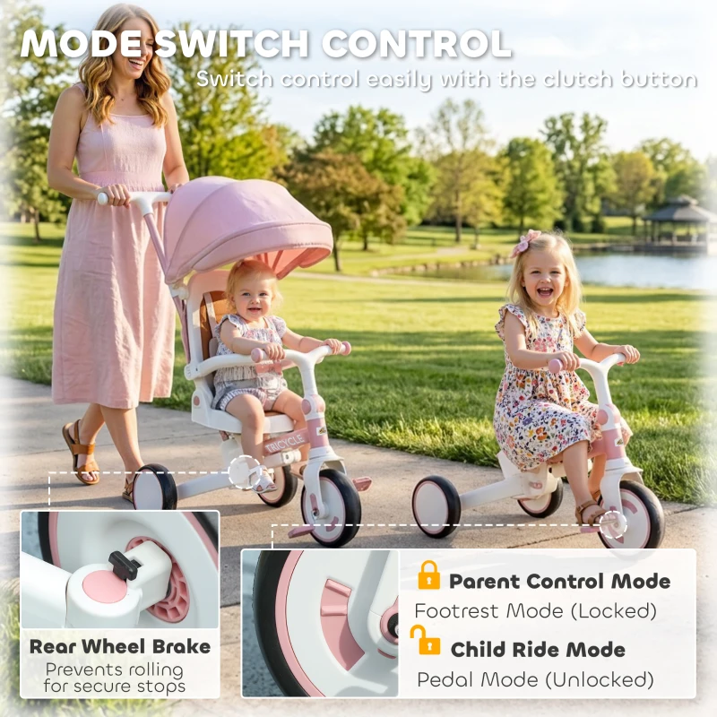Qaba 7 in 1 Tricycle Stroller for Toddler 1-5 Years w/ Adjustable Push Handle, Rotatable Seat, Removable Canopy, Pink
