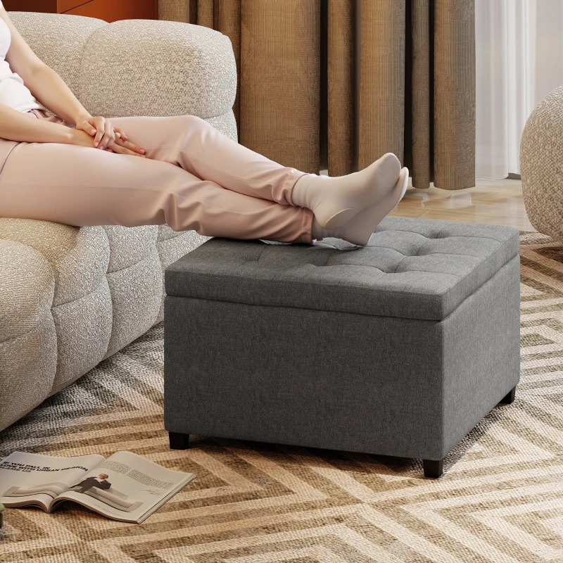 HOMCOM Round Storage Ottoman Bench, Button Tufted Ottoman with Flip Top for Living Room, Entryway and Bedroom, Gray