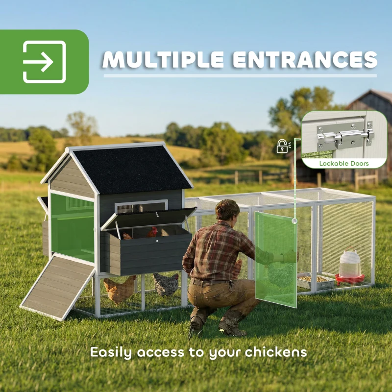 PawHut 137" Wooden Chicken Coop with Chicken Run, Nesting Box, Dark Grey