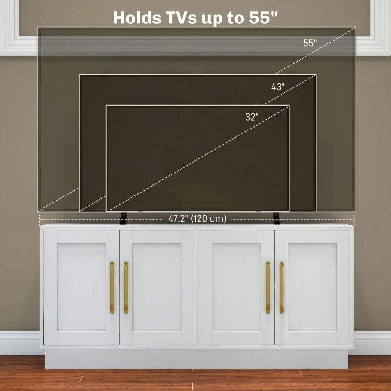 HOMCOM Modern TV Stand for up to 55" TV, TV Cabinet with 4 Soft Hinged Doors, 4 Cable Holes and 2 Adjustable Shelves, White(m-6)