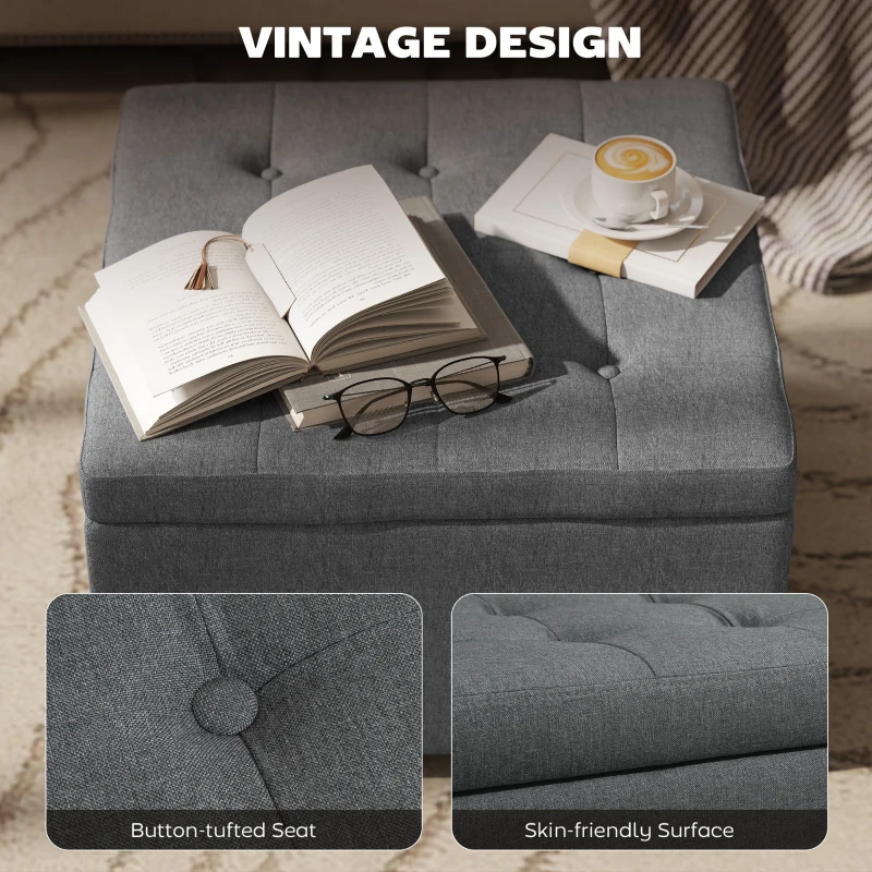 HOMCOM Round Storage Ottoman Bench, Button Tufted Ottoman with Flip Top for Living Room, Entryway and Bedroom, Gray