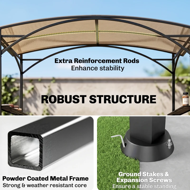 Outsunny 8' x 5' Hardtop Grill Gazebo, Outdoor BBQ Gazebo with PC Board Roof, BBQ Canopy Gazebo with 2 Side Shelves and 5 Hooks