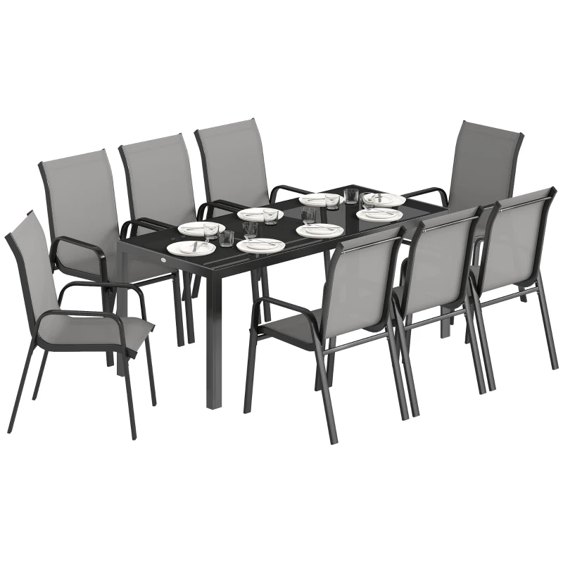 Outsunny 9 Pieces Patio Set with Stackable Chairs, Patio Dining Set with Glass Top for Garden, Patio, Backyard, Light Grey