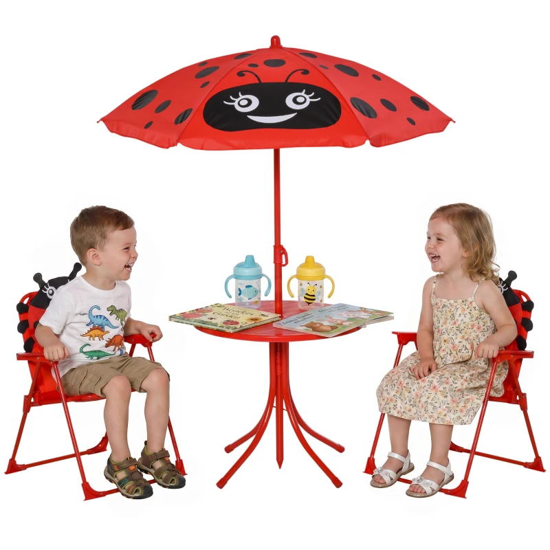 Outsunny Children Table and Chair Set Outdoor, Kids Folding Picnic Table and Chair Set with Removable & Height Adjustable Sun Umbrella for Garden Backyard, Ladybug Pattern, Red