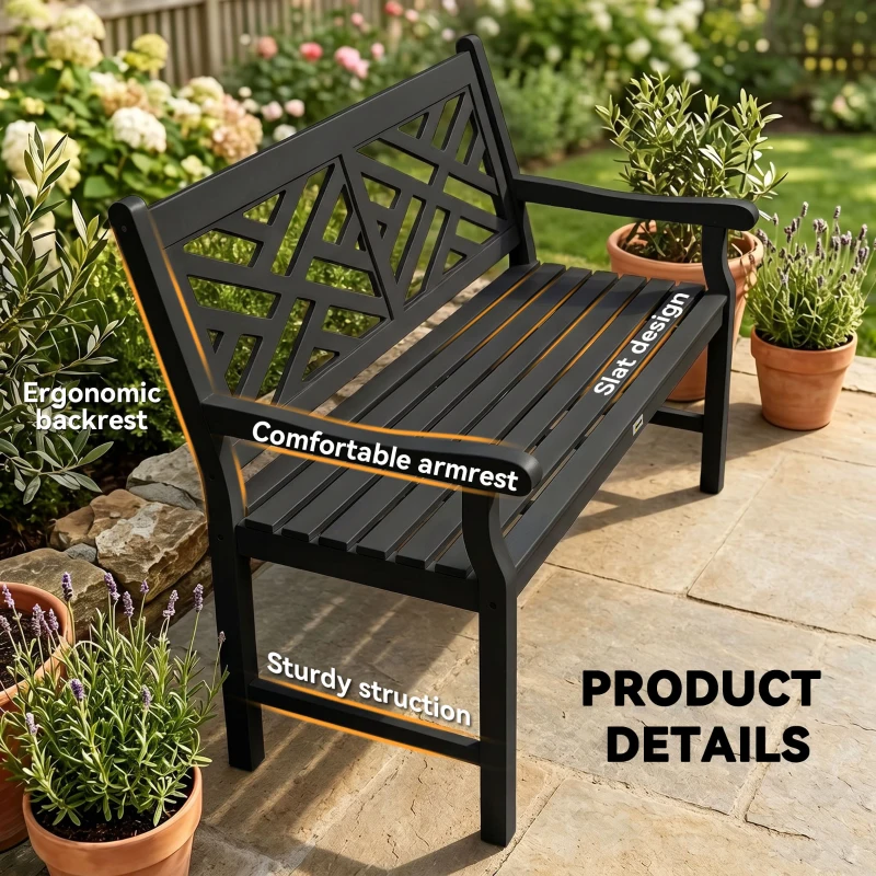 Outsunny 46" Outdoor Bench, Wooden Patio Loveseat with Slatted Frame and Armrests, 2 Seater Garden Bench for Porch, Lawn, Black