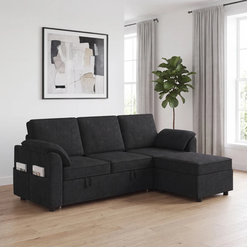 HOMCOM Sectional Sofa Bed Reversible Pull Out Sleeper Sofa Storage Ottoman, Black