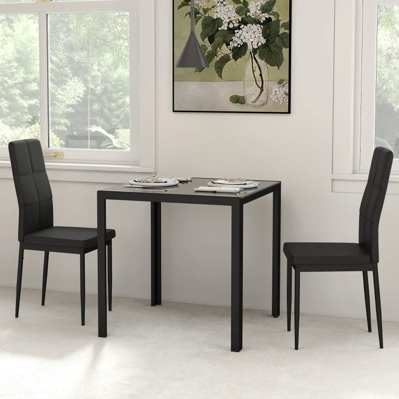 HOMCOM 3-Piece Rectangular Glass Kitchen Table and Chairs with Metal Frame and Faux Leather Upholstery for Dining Room, Black