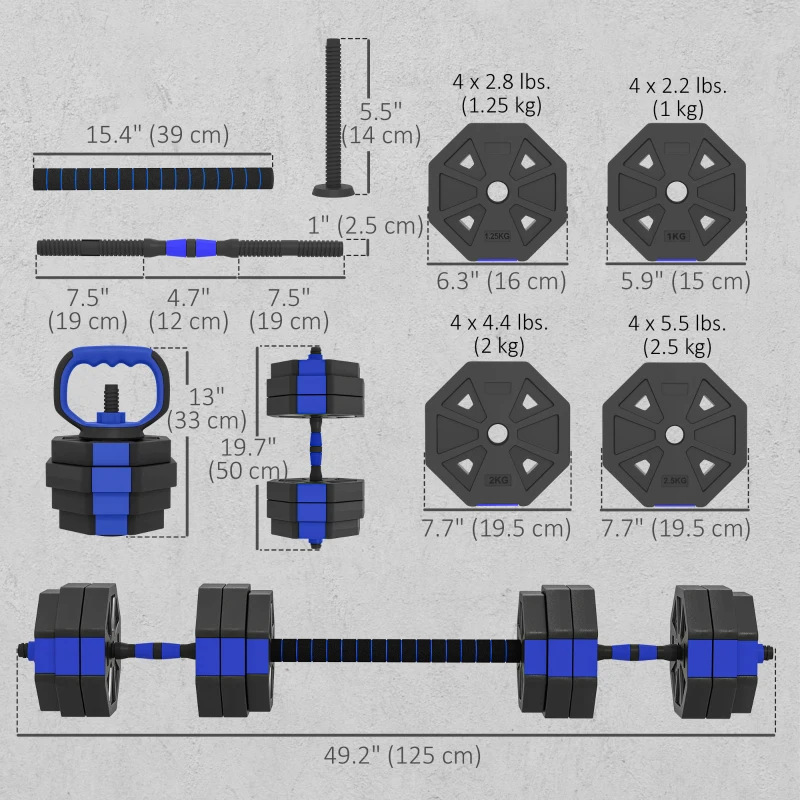 Soozier 6-in-1 Adjustable Dumbbell Set, Used as Kettlebell, Barbell, Dumbbell, Push-Up Stand, 66lbs Free Weights Set, Blue