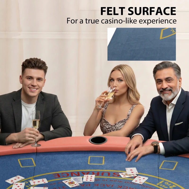 Soozier Poker Table Foldable, 72" Portable Casino Blackjack Table for 8 Players with Felt Surface, Cup Holders, Blue