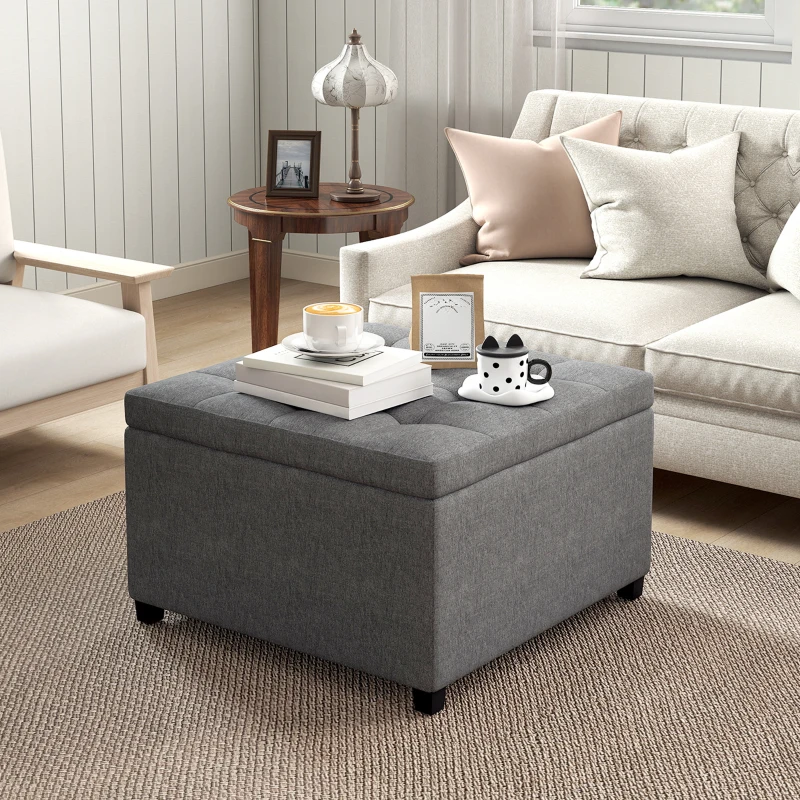HOMCOM Round Storage Ottoman Bench, Button Tufted Ottoman with Flip Top for Living Room, Entryway and Bedroom, Gray