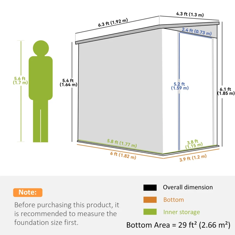 Outsunny 4.3' x 6.3' Outdoor Storage Shed Lean to Shed Outdoor Metal Tool Shed with Lockable Door and Air Vents, White