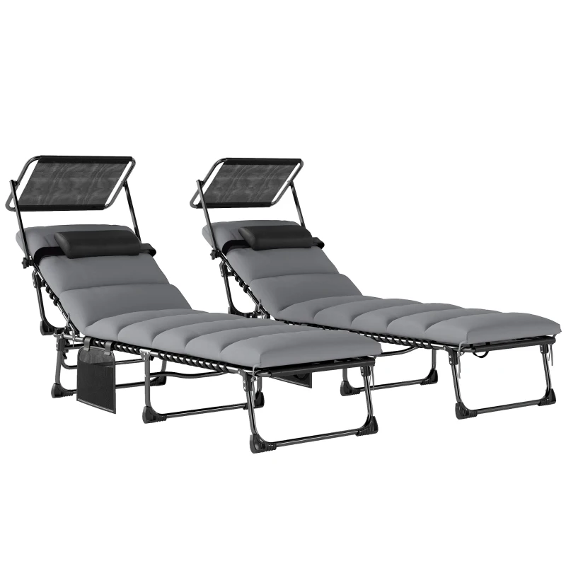 Outsunny Outdoor Chaise Lounge Chairs, 2 PCS Folding Lounge Chairs with Adjustable 5-Position, Cushion, Canopy, Side Pocket