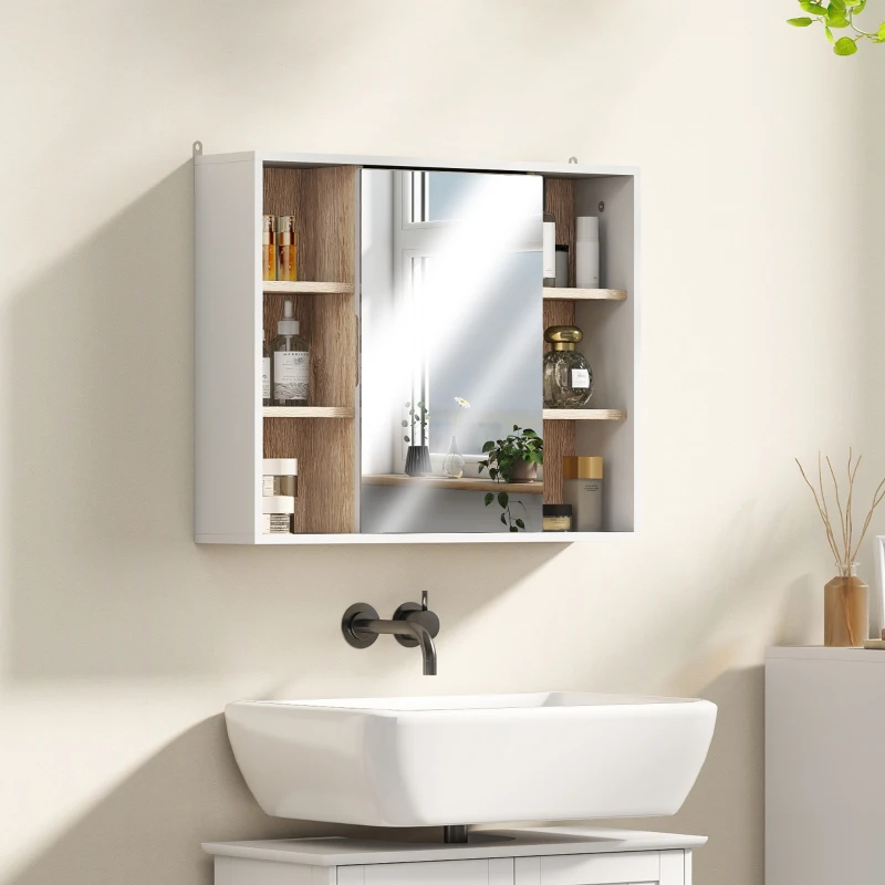 HOMCOM Wall-Mounted Bathroom Medicine Cabinet with Mirror, Over Toilet Bathroom Vanity Cabinet White & Oak