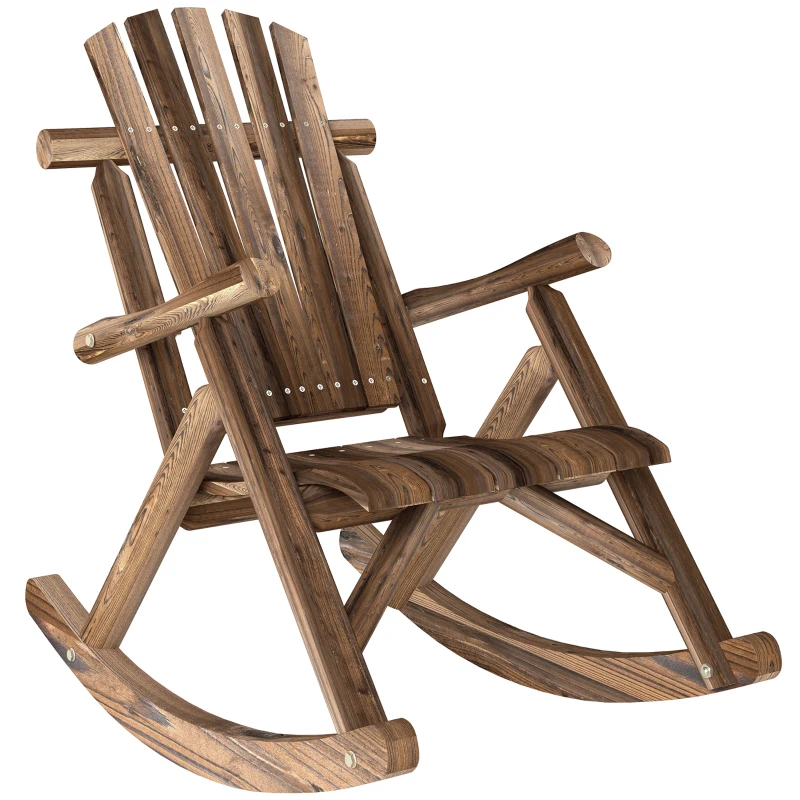 Outsunny Outdoor Wooden Rocking Chair, Single-Person Adirondack Rocking Patio Chair with Rustic High Back, Slatted Seat and Backrest for Indoor, Backyard, Garden, Carbonized