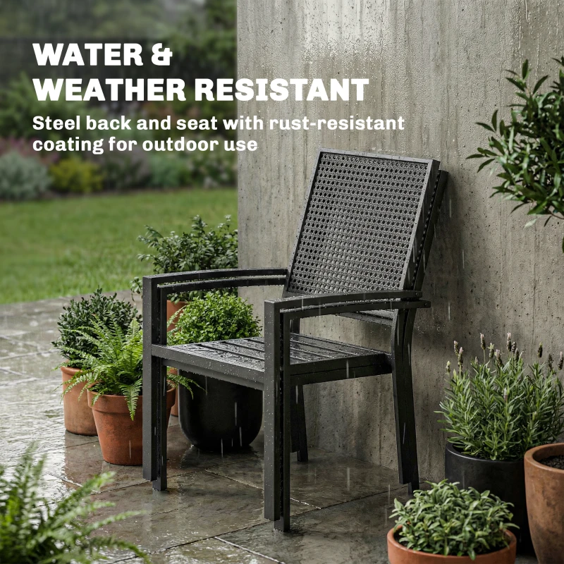 Outsunny Stackable Patio Chairs Set of 2, Outdoor Dining Chairs with Faux Wicker Steel Mesh Back, Slatted Seat, Armrests, Black