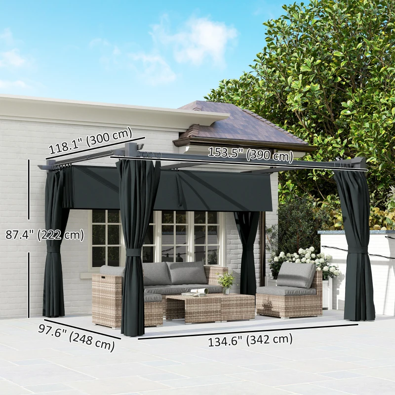 Outsunny 10' x 13' Pergola with Retractable Canopy and Curtains, UPF30+ Sun Shade Shelter for Grill, Garden, Backyard, Deck