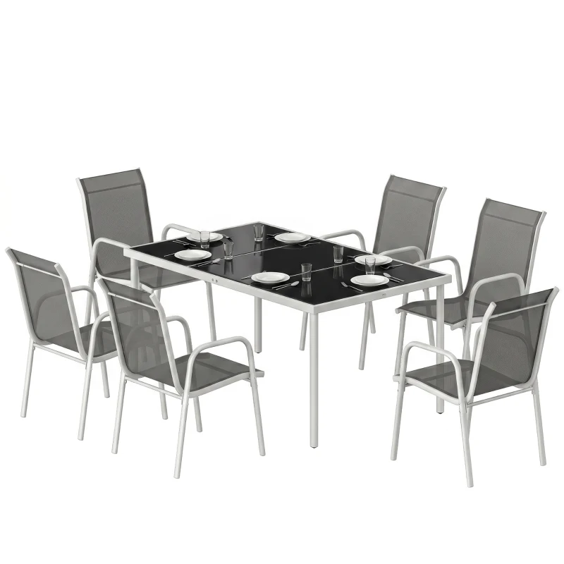 Outsunny 7 Piece Garden Dining Set, Garden Furniture Set with Rectangle Table and 6 Stackable Chairs