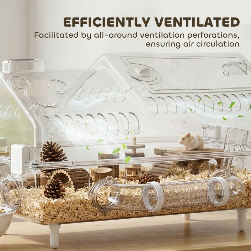 PawHut Hamster Cage with Large Wheel & Hideout, Small Animal Habitat with Accessories, Clear Pet House, 21.5" x 11.8" x 12.6",