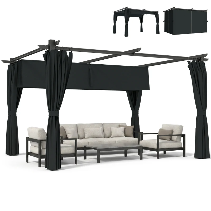 Outsunny 10' x 13' Pergola with Retractable Canopy and Curtains, UPF30+ Sun Shade Shelter for Grill, Garden, Backyard, Deck
