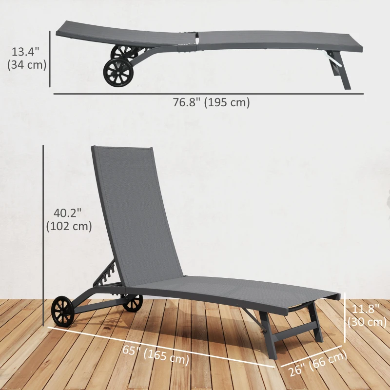 Outsunny Outdoor Lounge Chair Set of 2, Tanning Chair with Wheels, Breathable Mesh for Patio, Backyard, Poolside, Dark Grey