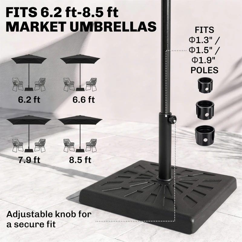 Outsunny 42lbs Resin Patio Umbrella Base, 20" Square Outdoor Umbrella Stand Holder for Parasol Poles 1.26", 1.5", and 1.9" Dia, Black