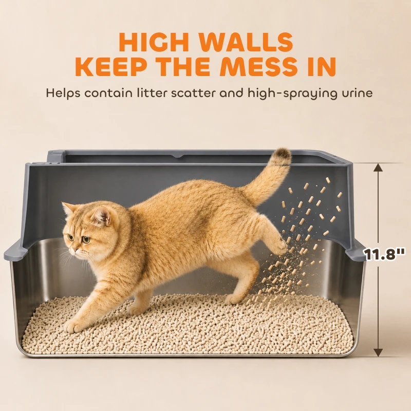 PawHut 2 Pack XL Stainless Steel Litter Box, Metal Cat Litter Box High Sided with Tracking Step & Stainless Steel Scoops