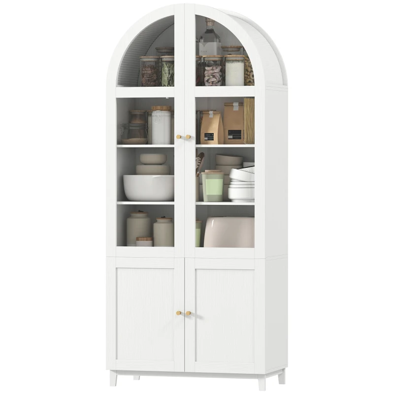 HOMCOM Arched Kitchen Pantry Cabinet, 71" Tall Farmhouse Kitchen Storage Cabinet with Acrylic Glass Doors, White