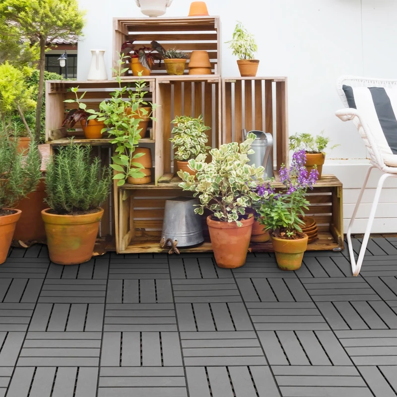 Outsunny 9 Pcs PP Interlocking Composite Deck Tile, 12" x 12" Outdoor Flooring Tiles for Indoor and Outdoor Use, Tools Free Assembly, Dark Grey