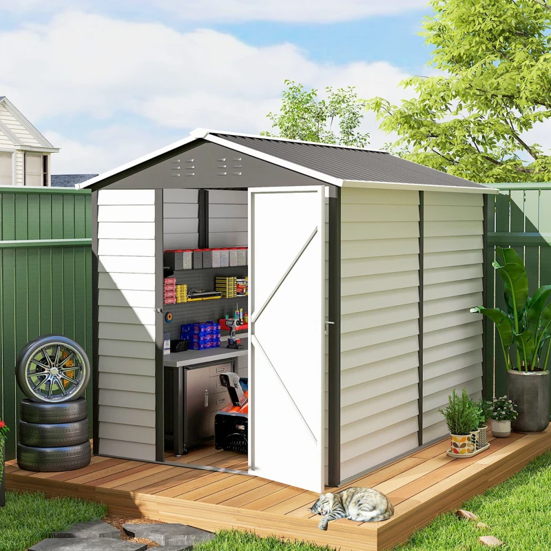 Outsunny 9' x 6' Garden Shed, Outdoor Storage Patio Shed w/ Sloped Roof, Lockable Door for Patio Lawn, Dark Grey