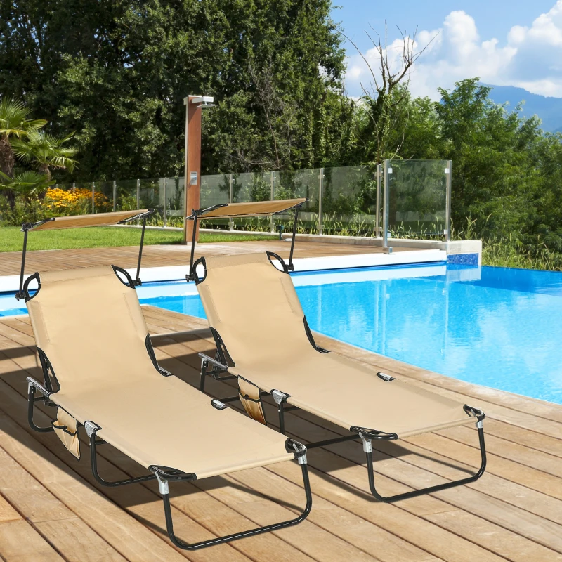 Outsunny 2 Piece Folding Outdoor Chaise Lounges, Pool, Sun, Tanning Chairs with Reclining Back, Sunshade for Beach, Patio, Tan
